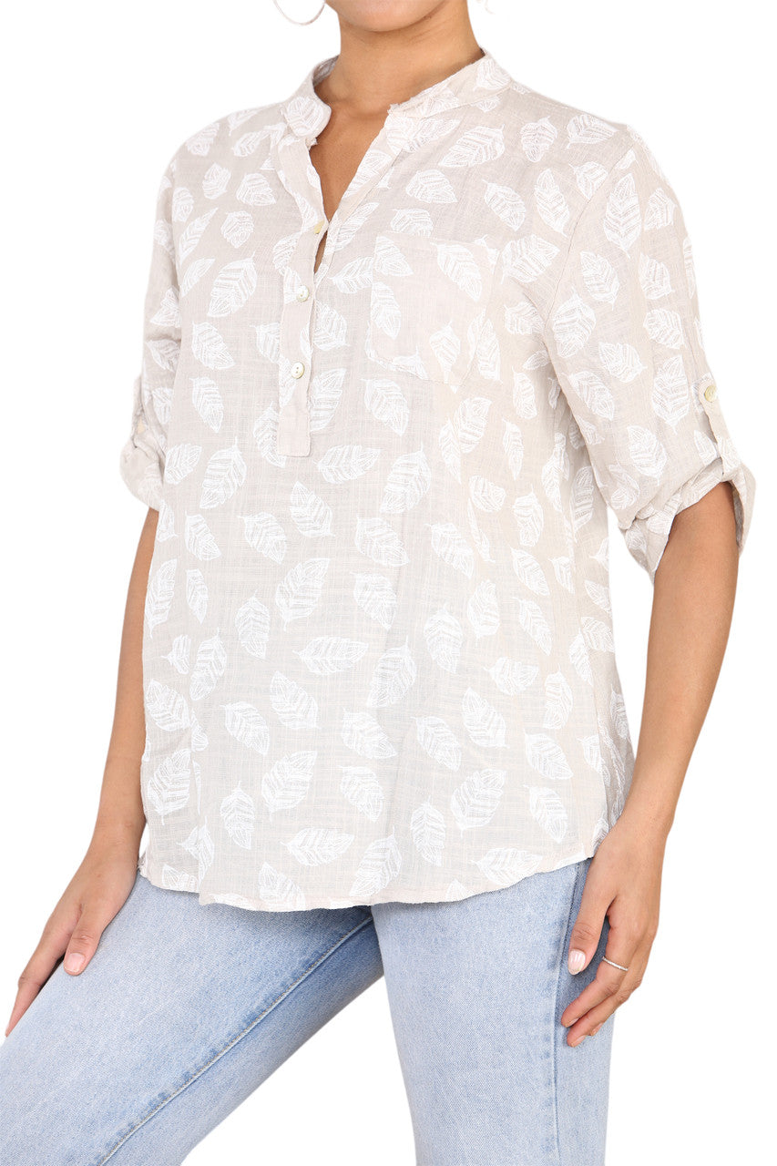 FEATHER PRINT GRANDAD SHIRT STONE
