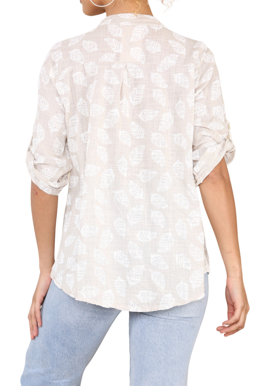 FEATHER PRINT GRANDAD SHIRT STONE