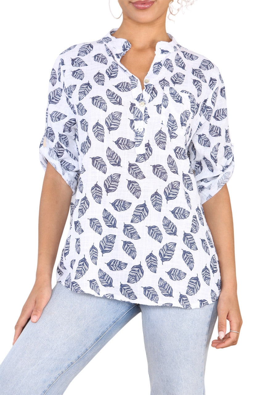 FEATHER PRINT GRANDAD SHIRT WHITE
