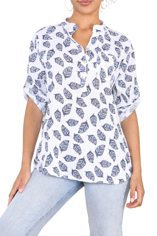 FEATHER PRINT GRANDAD SHIRT WHITE