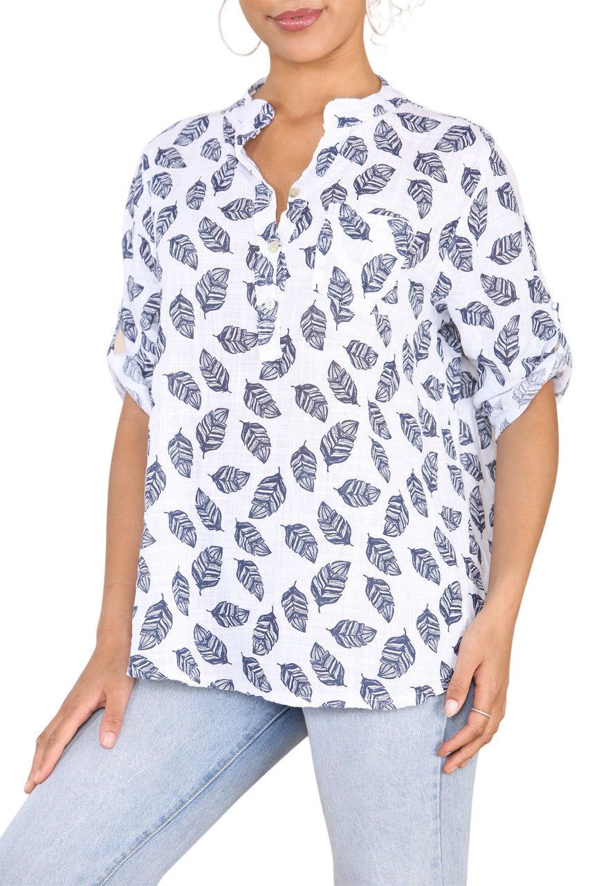 FEATHER PRINT GRANDAD SHIRT WHITE