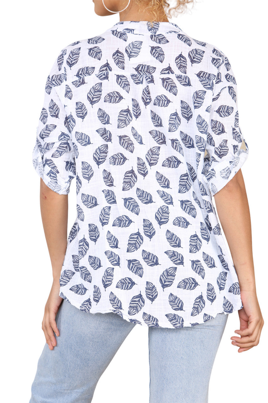 FEATHER PRINT GRANDAD SHIRT WHITE