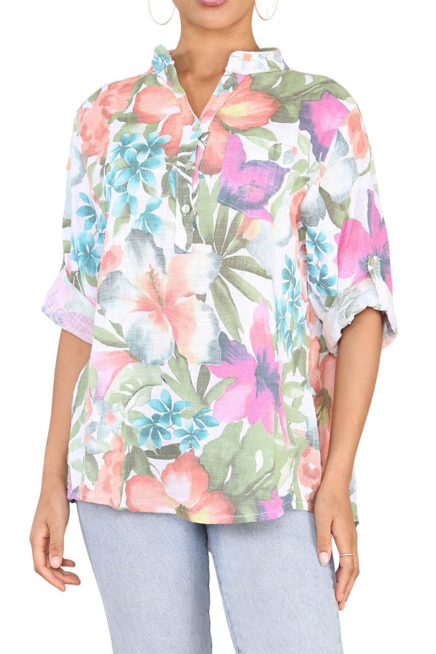 TROPICAL PRINT GRANDAD SHIRT WHITE