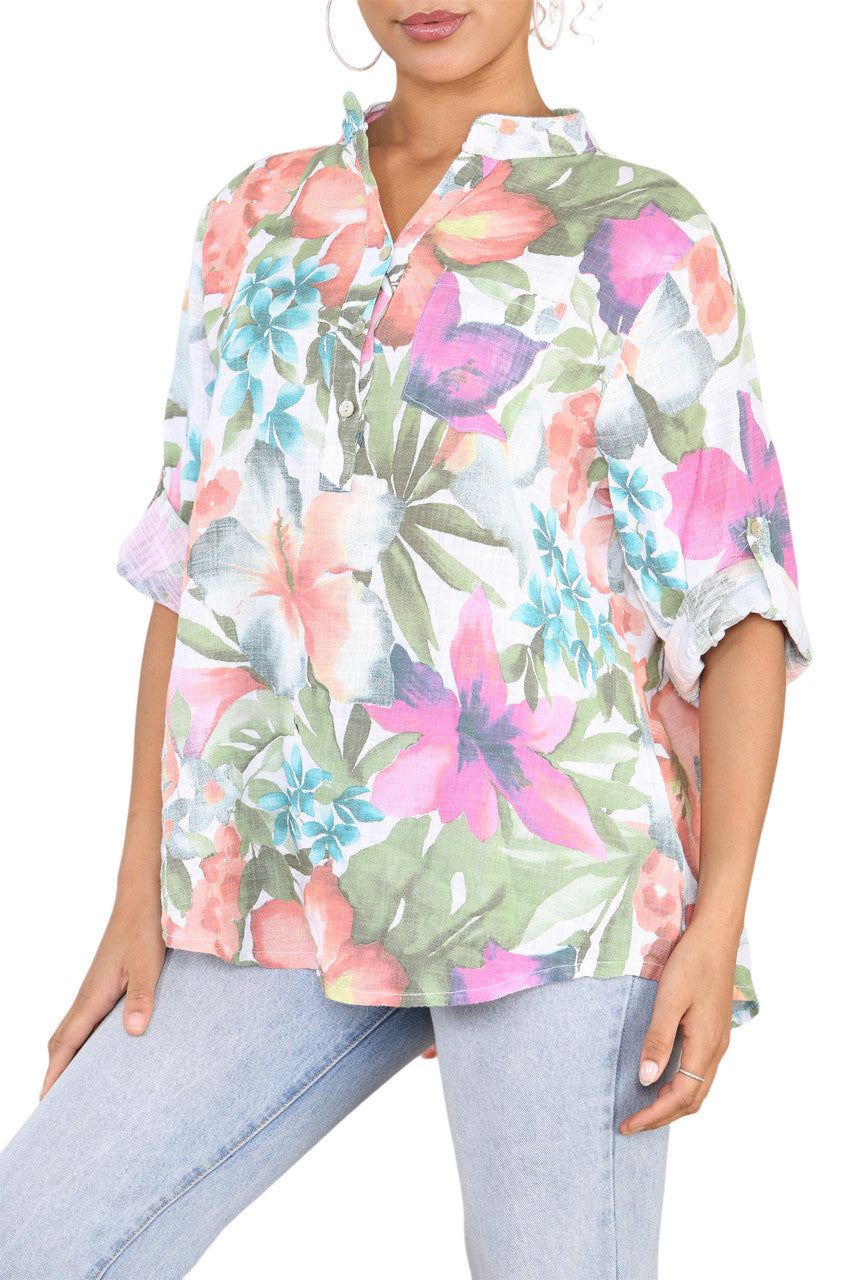 TROPICAL PRINT GRANDAD SHIRT WHITE