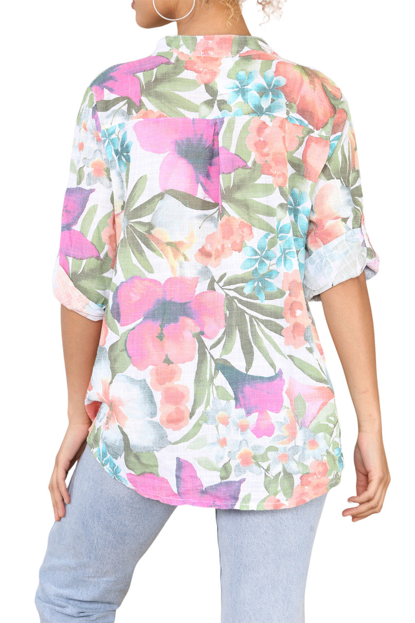 TROPICAL PRINT GRANDAD SHIRT WHITE