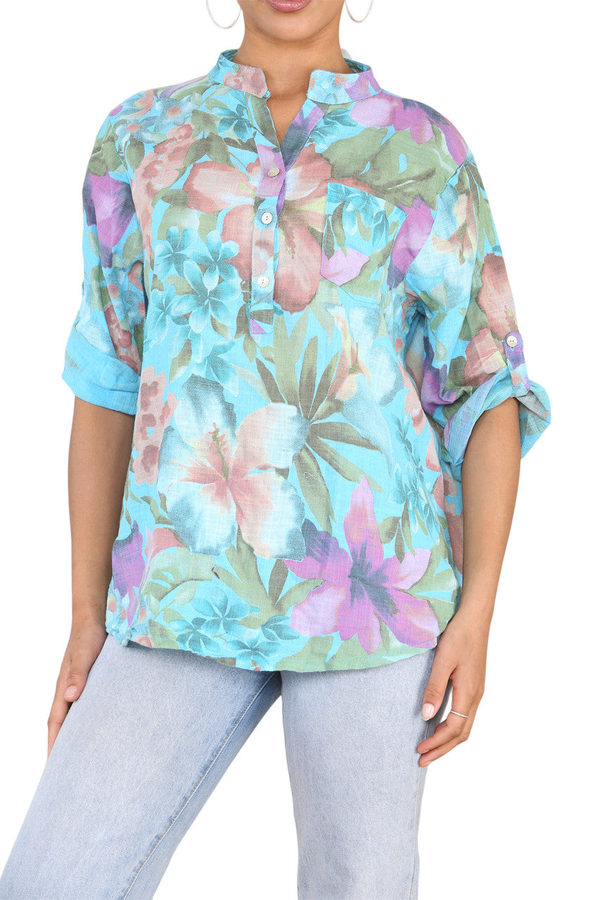 OVERHEMD MET TROPISCHE PRINT EN SPREAD-KRAAG TURQUOISE