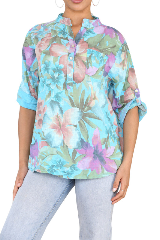 OVERHEMD MET TROPISCHE PRINT EN SPREAD-KRAAG TURQUOISE