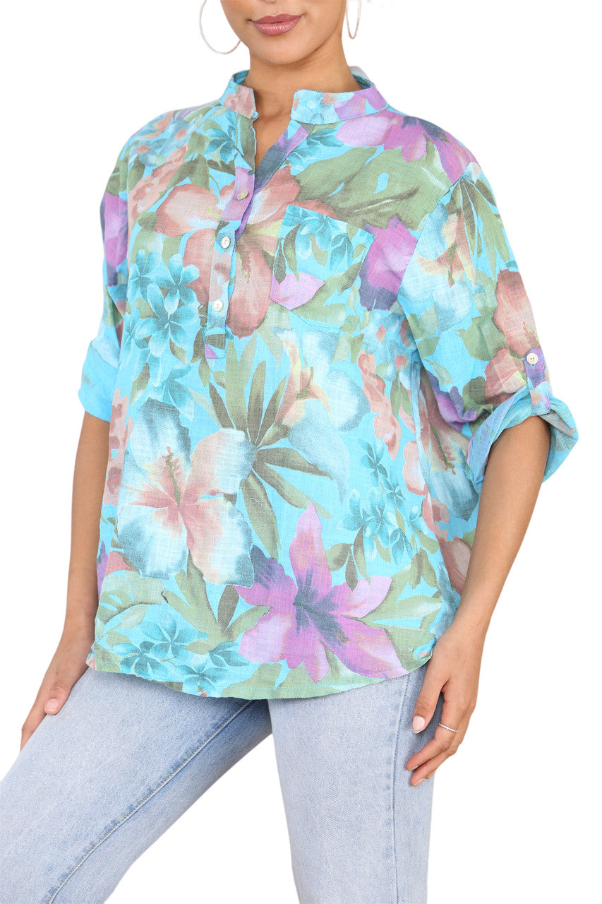 OVERHEMD MET TROPISCHE PRINT EN SPREAD-KRAAG TURQUOISE
