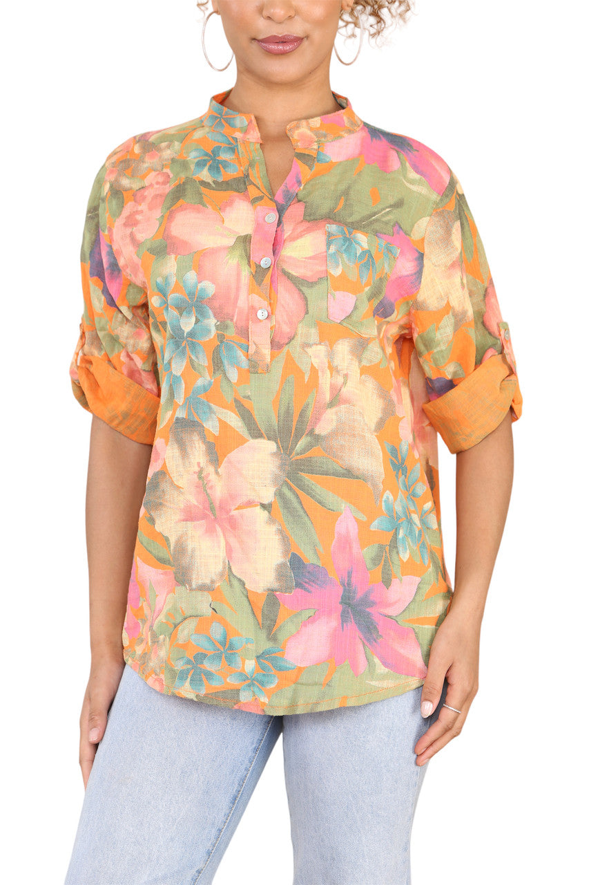 TROPICAL PRINT GRANDAD SHIRT ORANGE