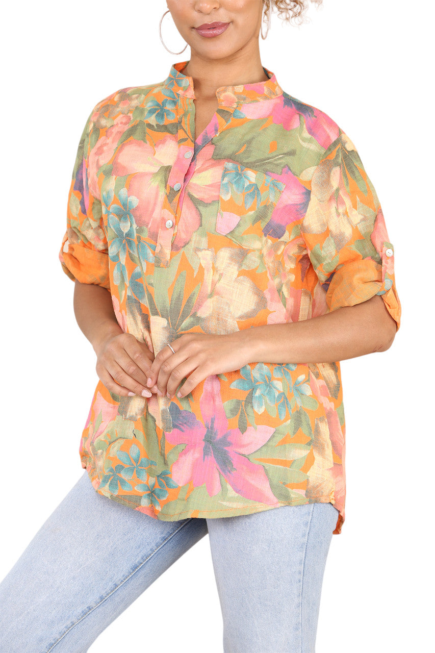 TROPICAL PRINT GRANDAD SHIRT ORANGE