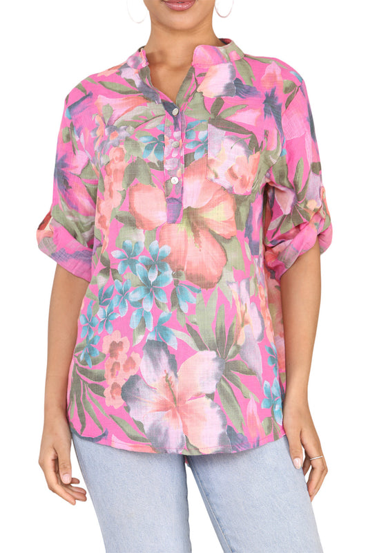 OVERHEMD MET TROPISCHE PRINT EN SPREAD COLLAR IN CERISE