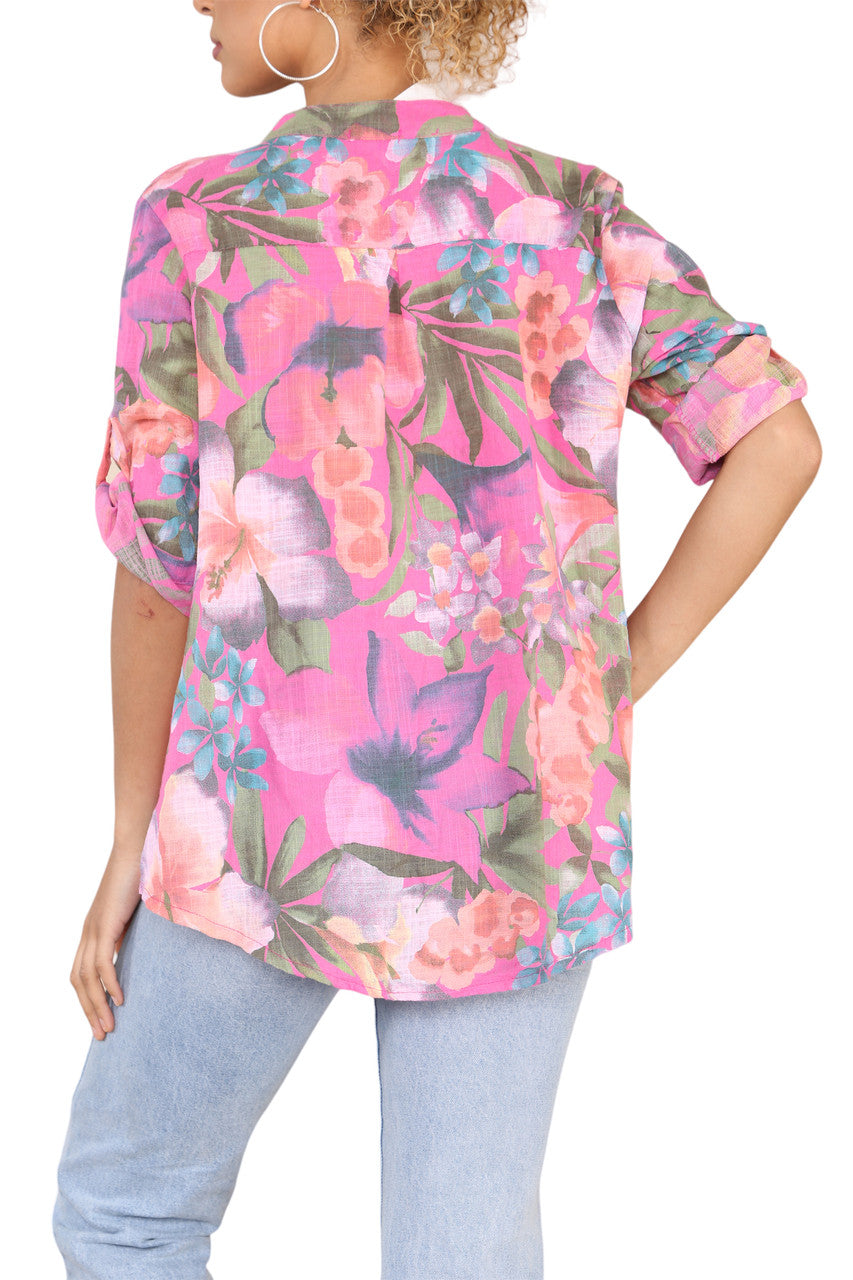 TROPICAL PRINT GRANDAD SHIRT CERISE