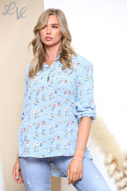 Ladies Ditsy Mix Flowers Print Shirt Top Light Blue