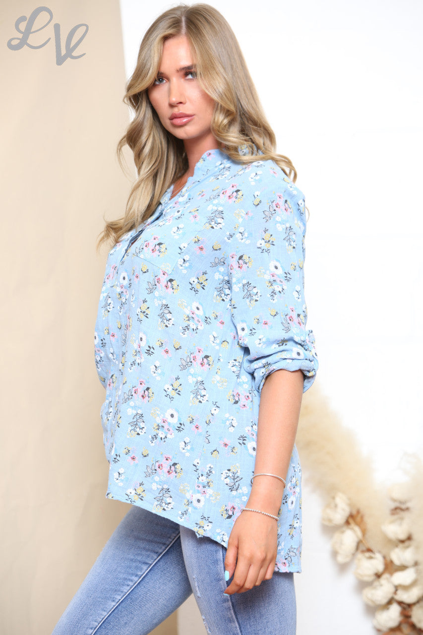 Ladies Ditsy Mix Flowers Print Shirt Top Light Blue