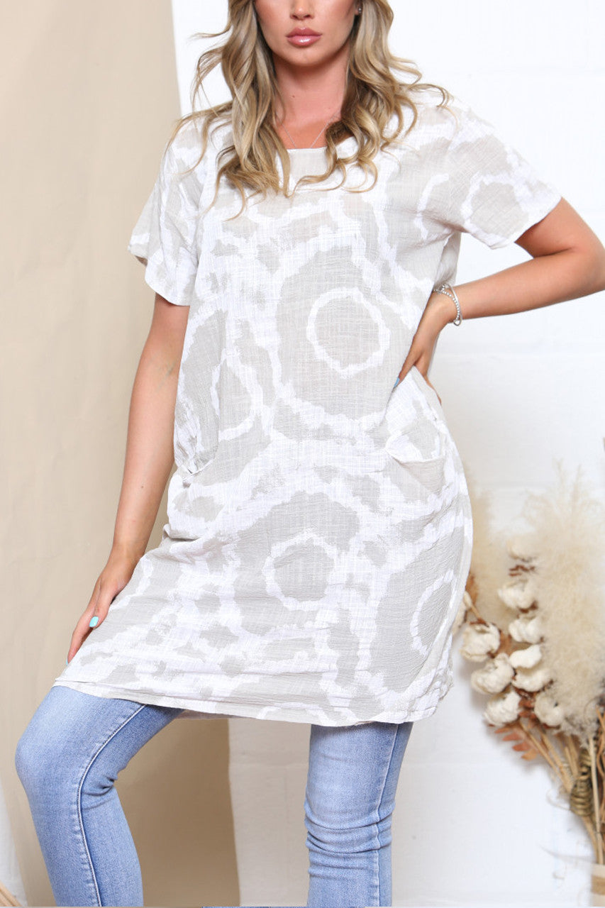 Ladies Tie Dye Circles Print Dress Stone