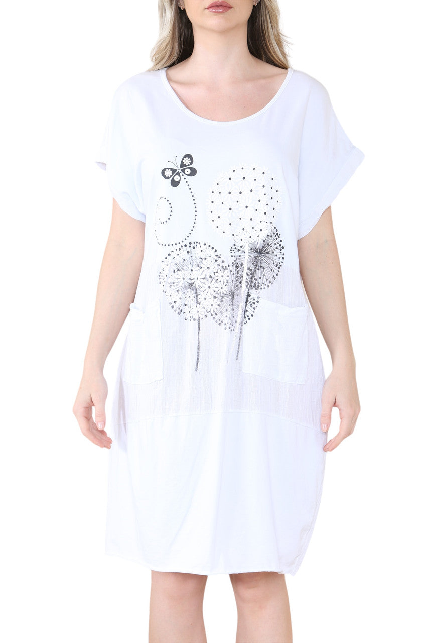 WITTE MIDI JURK MET VLINDER- EN PAARDEBLOEMPRINT