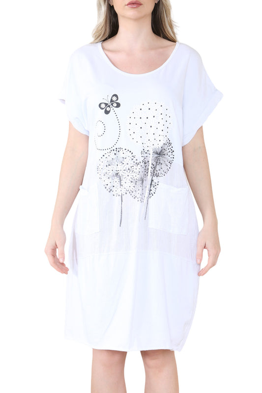 BUTTERFLY DANDELION GRAPHIC MIDI DRESS WHITE