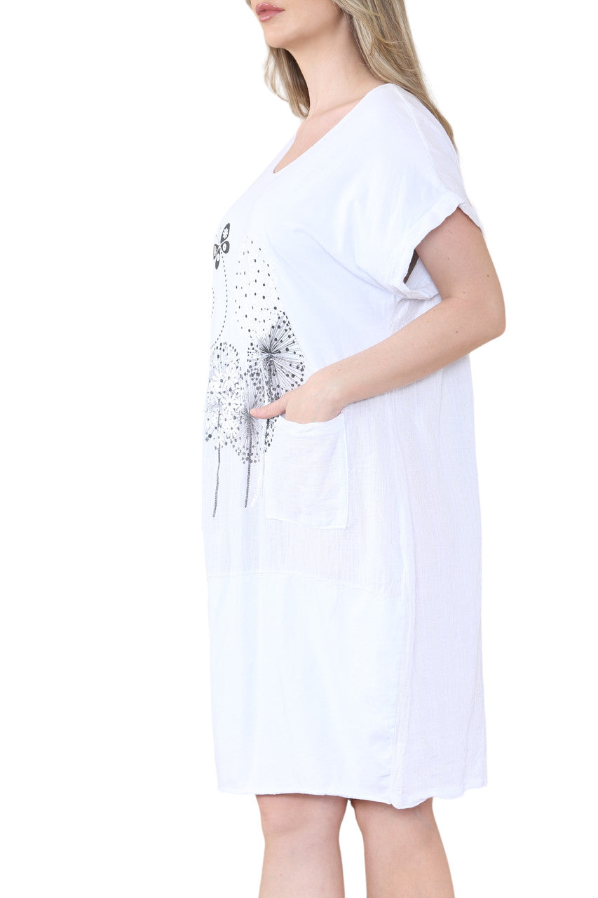 WITTE MIDI JURK MET VLINDER- EN PAARDEBLOEMPRINT