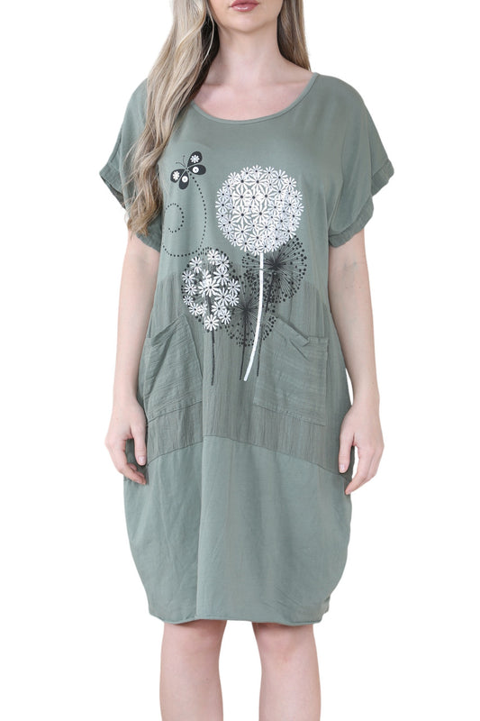 BUTTERFLY DANDELION GRAPHIC MIDI DRESS KHAKI
