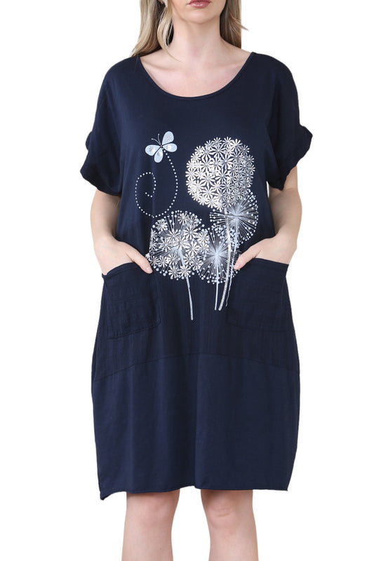 BUTTERFLY DANDELION GRAPHIC MIDI DRESS BLACK