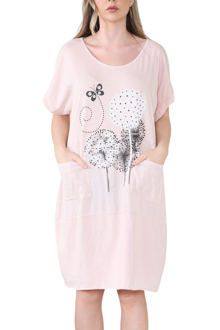 Vlinder Paardenbloem Graphic Midi Jurk Oudroze