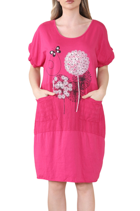 BUTTERFLY DANDELION GRAPHIC MIDI DRESS CERISE