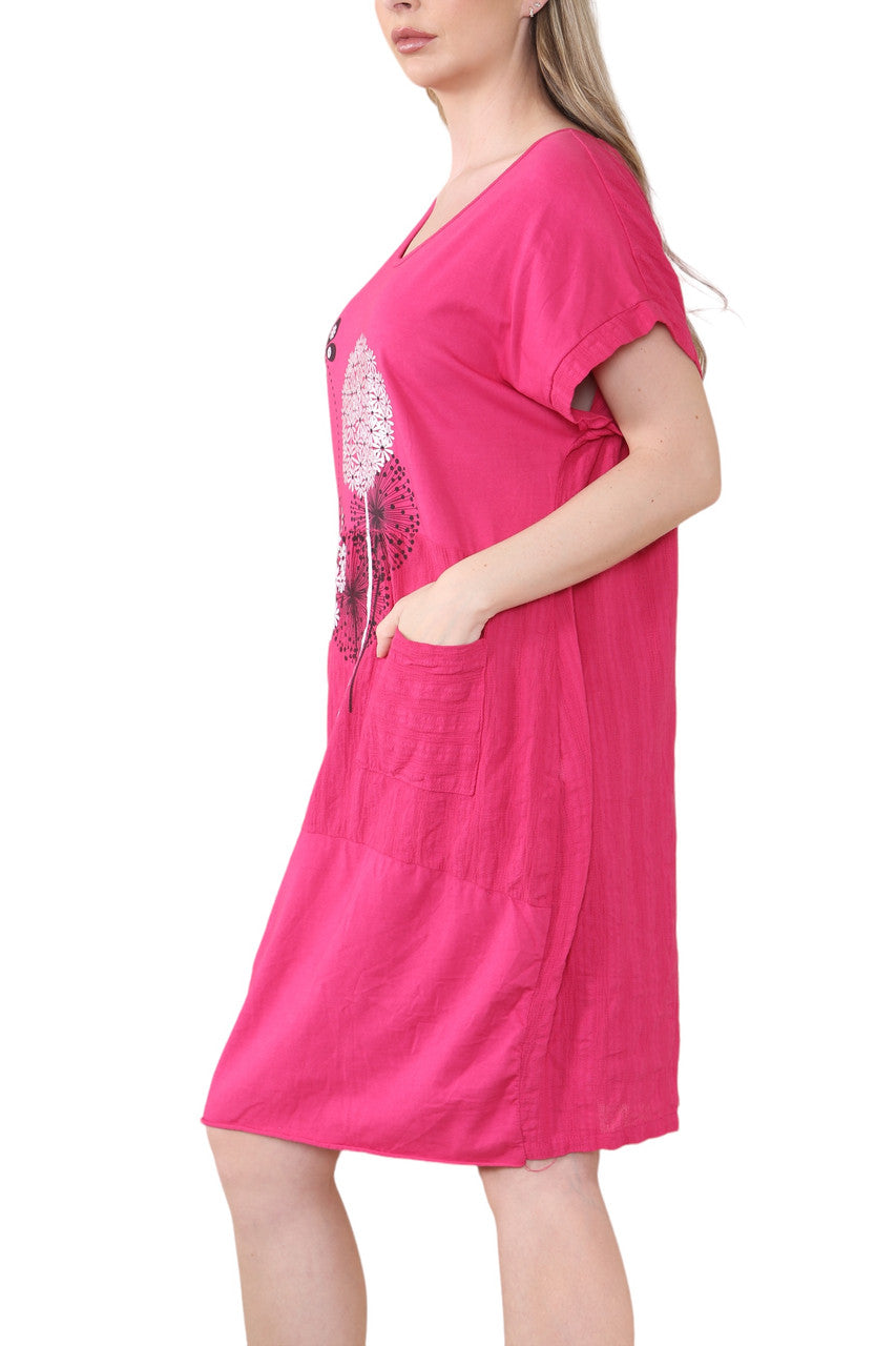 BUTTERFLY DANDELION GRAPHIC MIDI DRESS CERISE