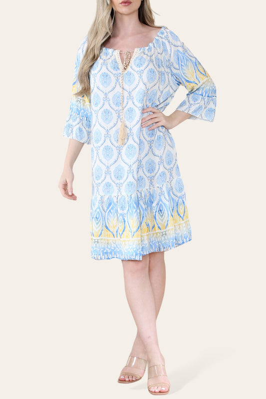 ART NOVEU PRINT BARDOT DRESS LIGHT BLUE