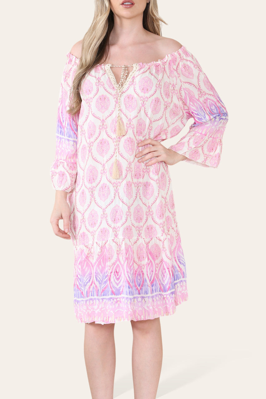 ART NOVEU PRINT BARDOT DRESS PINK