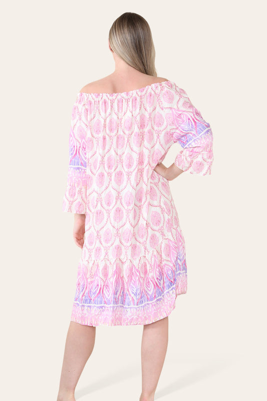 ART NOVEU PRINT BARDOT DRESS PINK