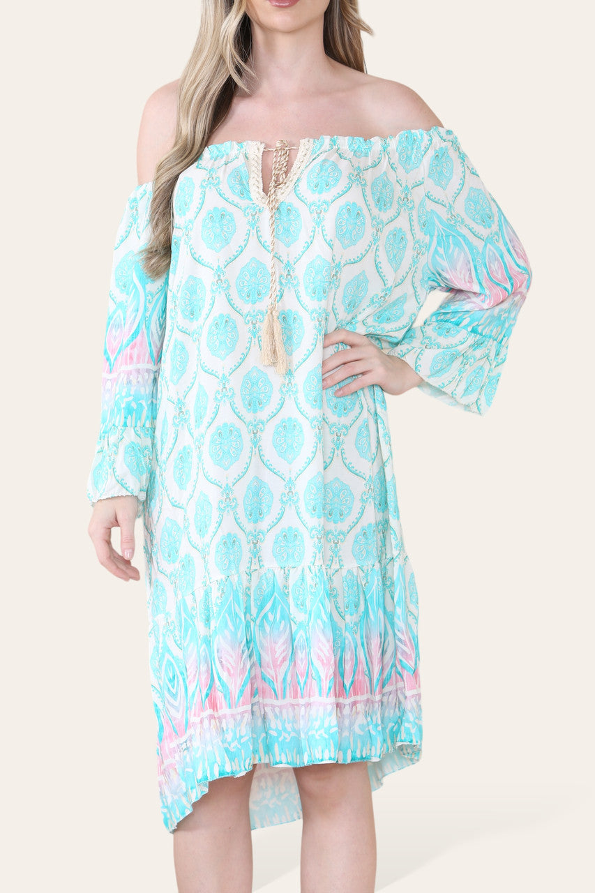 ART NOVEU PRINT BARDOT DRESS TURQUOISE