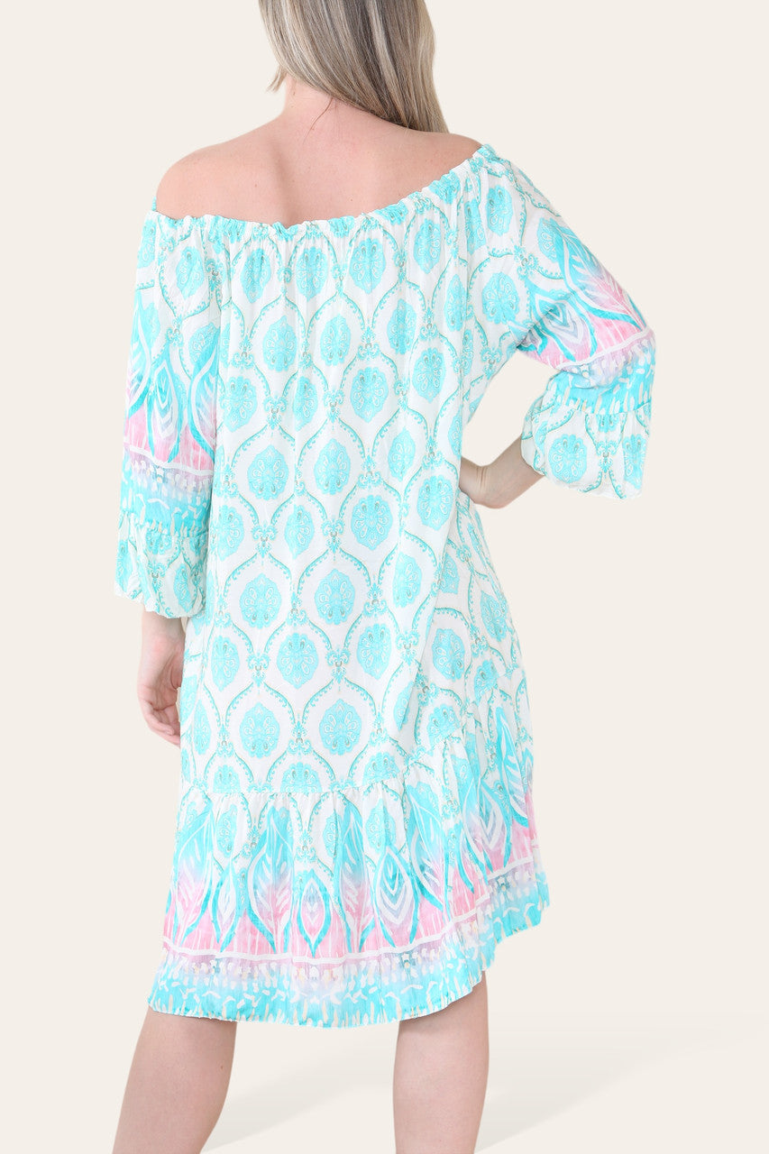 ART NOVEU PRINT BARDOT DRESS TURQUOISE