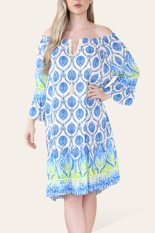 ART NOVEU PRINT BARDOT DRESS ROYAL BLUE