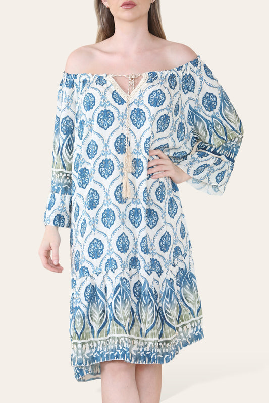 ART NOVEU PRINT BARDOT DRESS NAVY