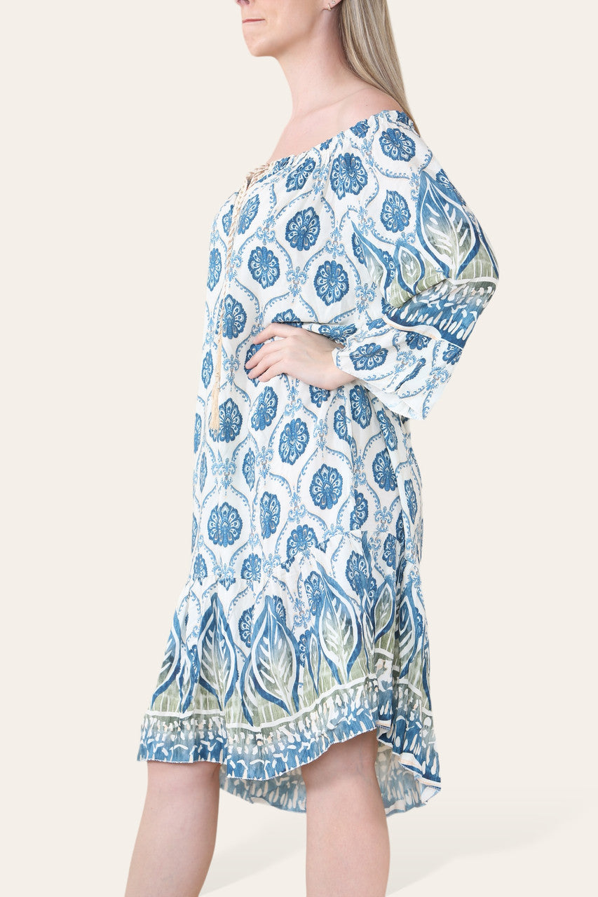 ART NOUVEAU PRINT BARDOT JURK MARINEBLAUW