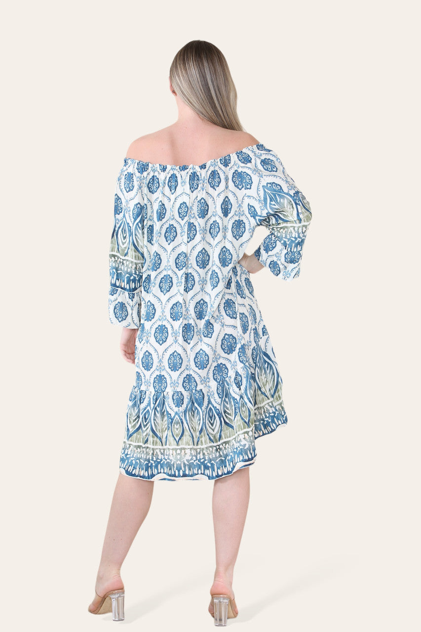 ART NOUVEAU PRINT BARDOT JURK MARINEBLAUW