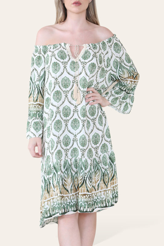 ART NOVEU PRINT BARDOT DRESS KHAKI