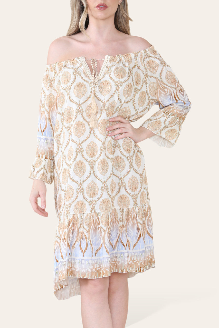 ART NOVEU PRINT BARDOT DRESS STONE