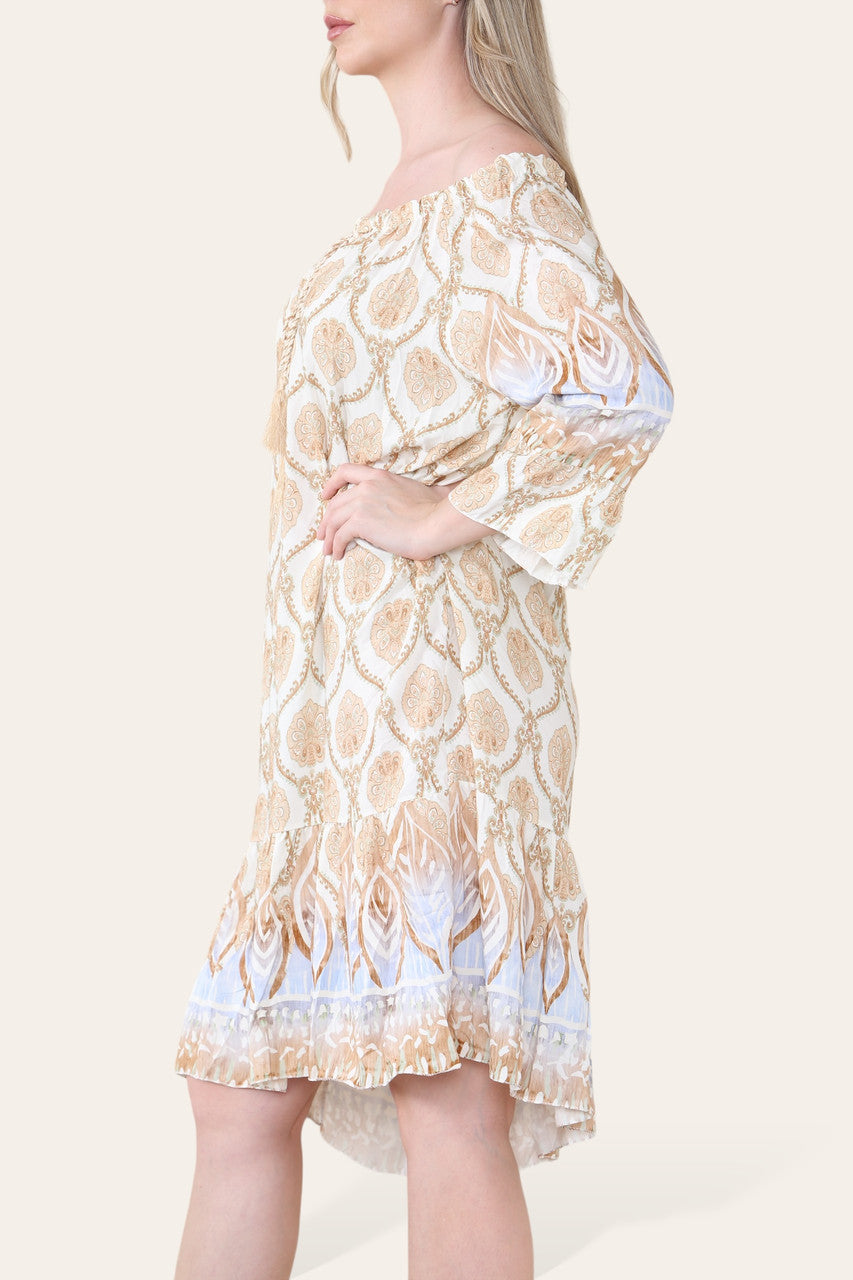 ART NOVEU PRINT BARDOT DRESS STONE