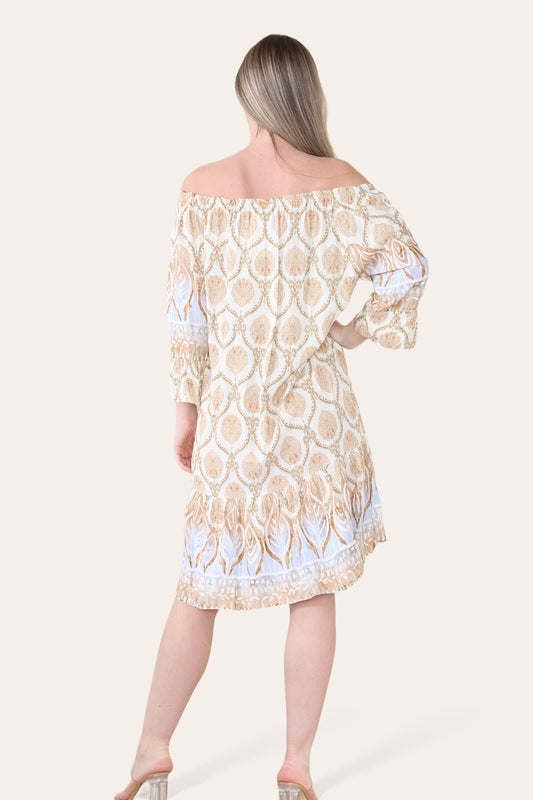 ART NOVEU PRINT BARDOT DRESS STONE