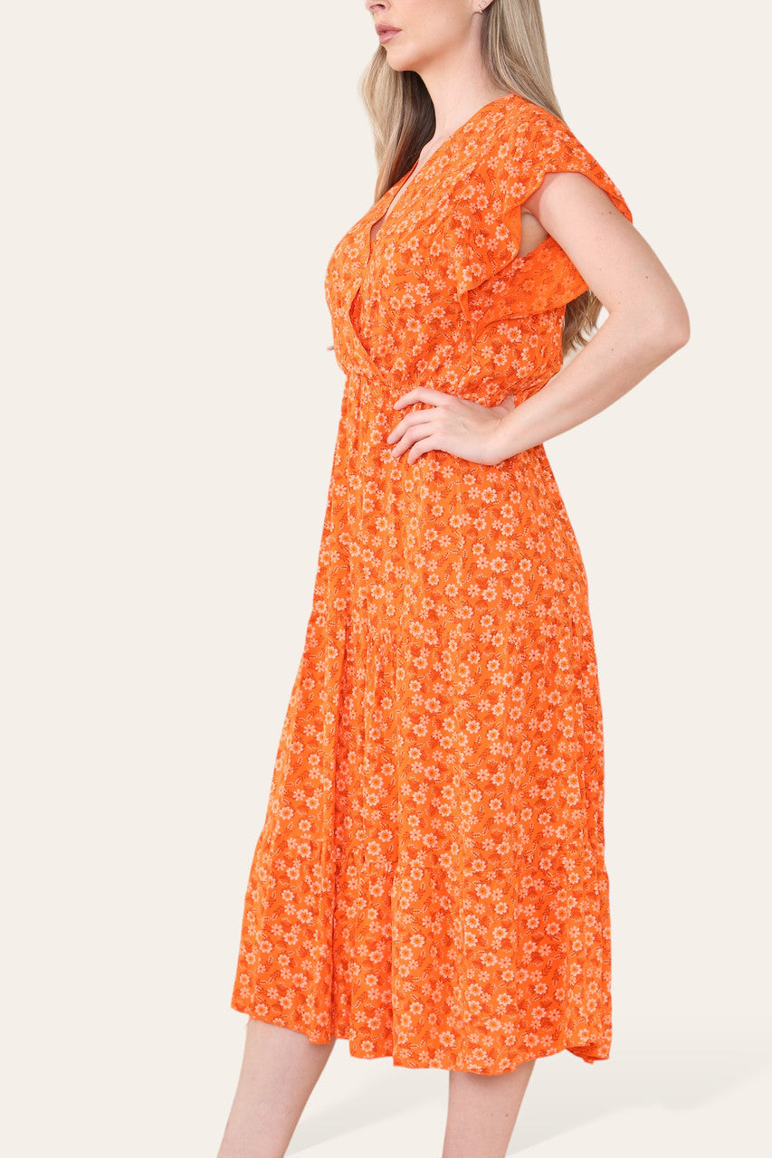 BLOEMENPRINT MIDI JURK ORANJE