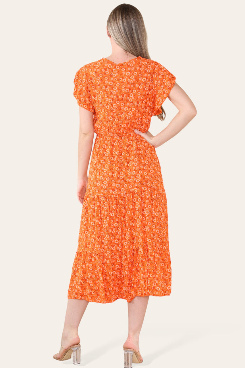 BLOEMENPRINT MIDI JURK ORANJE