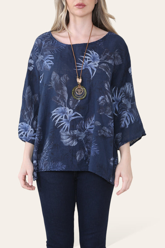 LEAF MIX PRINT TOP - NAVY