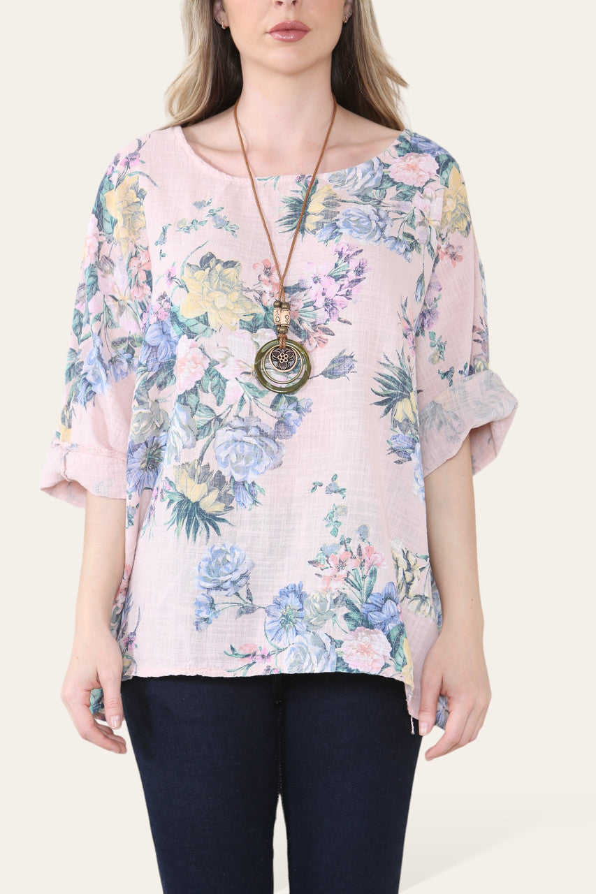 TOP MET VERVAAGDE BLOEMENPRINT STOFROZE