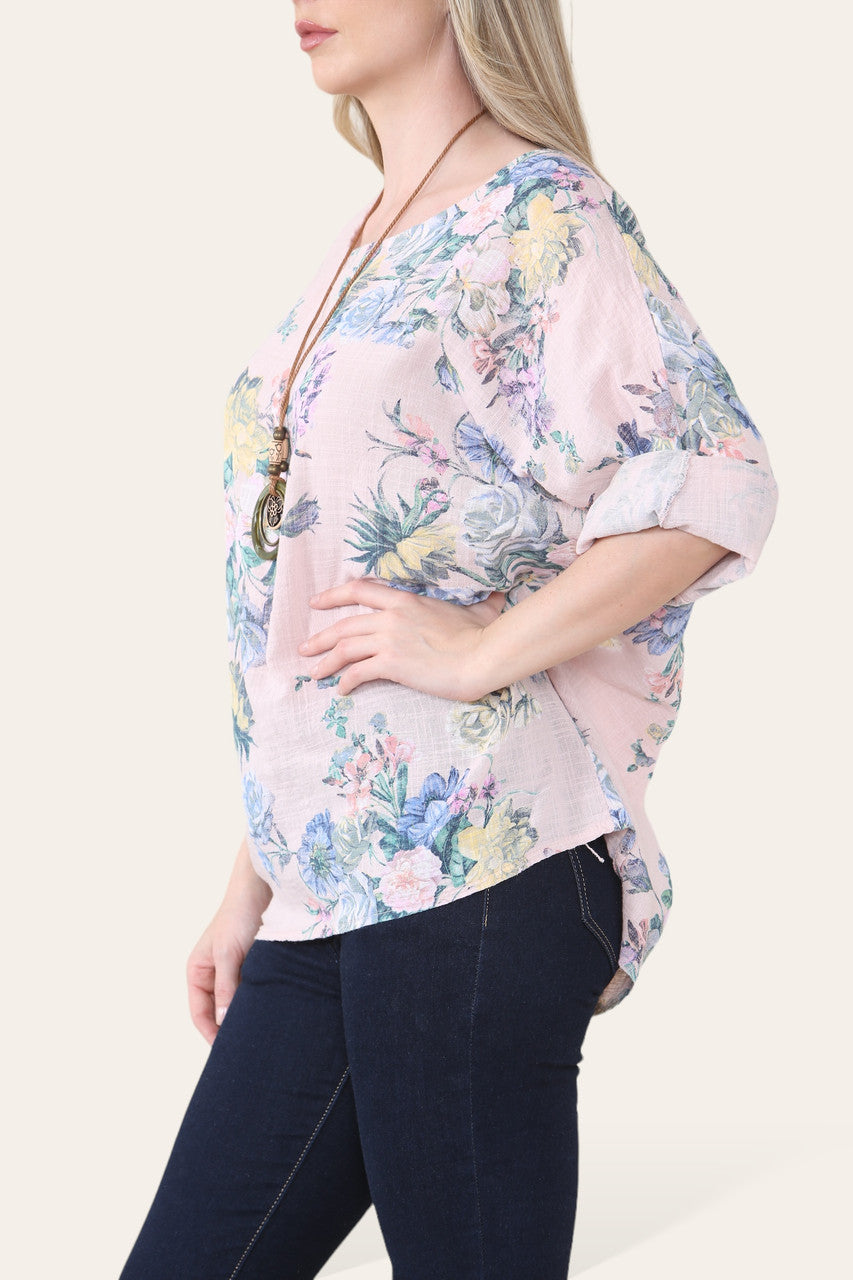 TOP MET VERVAAGDE BLOEMENPRINT STOFROZE