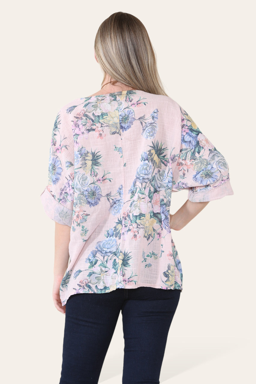TOP MET VERVAAGDE BLOEMENPRINT STOFROZE