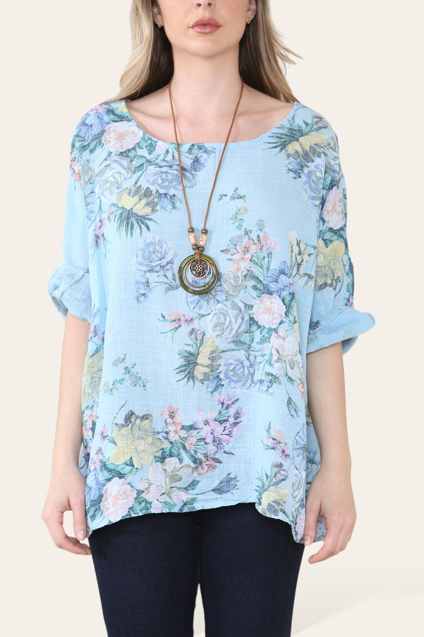 FADED FLORAL BOUQUET PRINT TOP LIGHT BLUE
