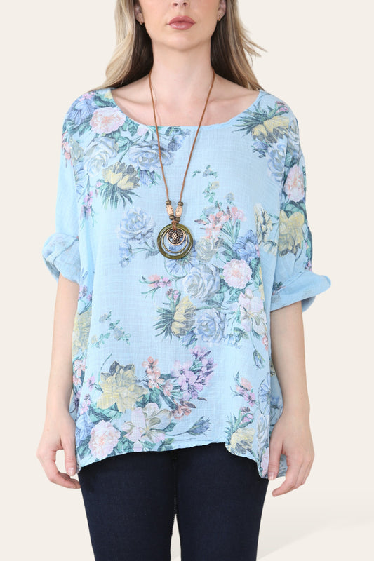 FADED FLORAL BOUQUET PRINT TOP LIGHT BLUE
