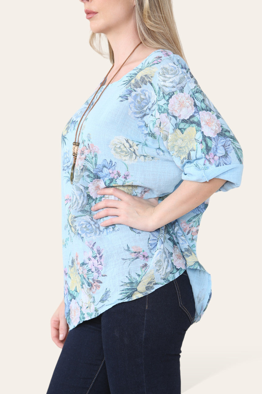 FADED FLORAL BOUQUET PRINT TOP LIGHT BLUE