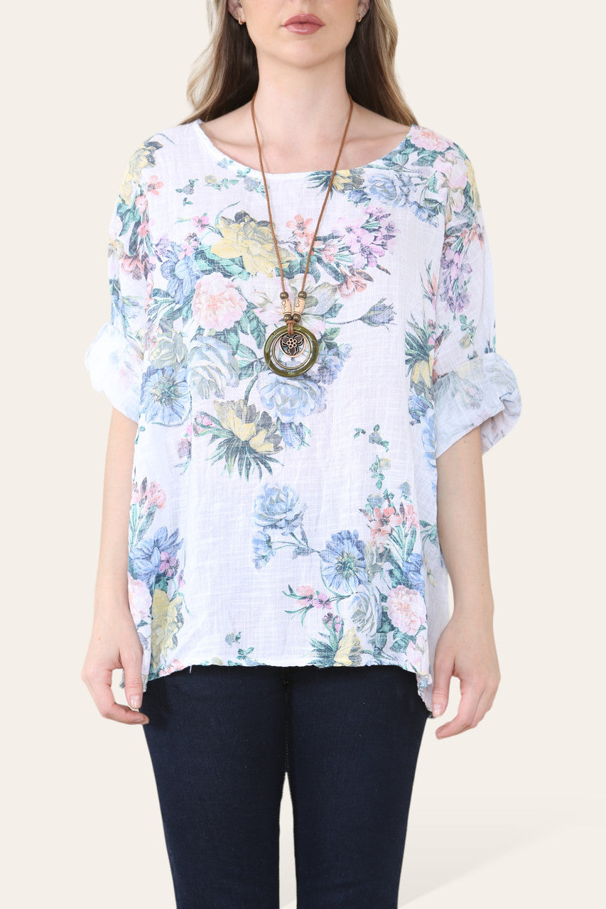 TOP MET VERVAAGDE BLOEMENPRINT WIT